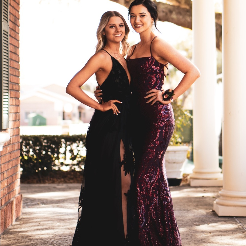 (Right) Maroon Sequin Lace Up Prom Dress